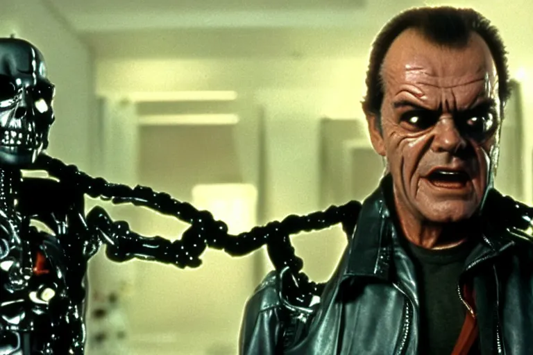 Image similar to Jack Nicholson plays Terminator, scene where his endoskeleton gets exposed, still from the film