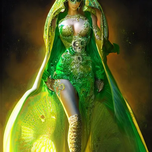 Image similar to a beautiful woman wearing a green and white kaftan made of silk with golden ornaments and diamonds jewelry by alex gray and android jones , Karol Bak, Ayami Kojima, Amano , concept art, character design, fantasy,3D, 8k resolution