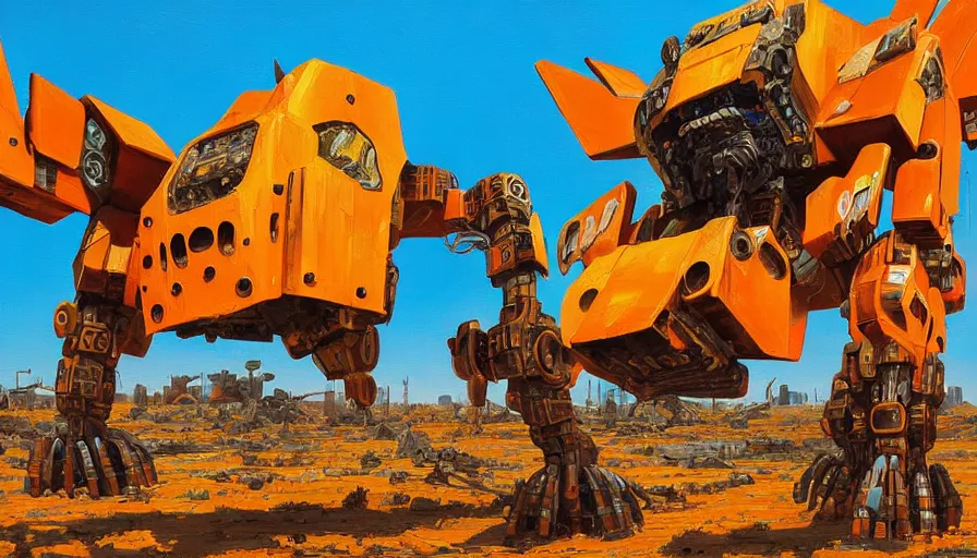 Image similar to an intricate oil painting of a giant south african armored cheetah shaped scrap metal mecha by simon stalenhag, yellow, orange and cyan paint decals