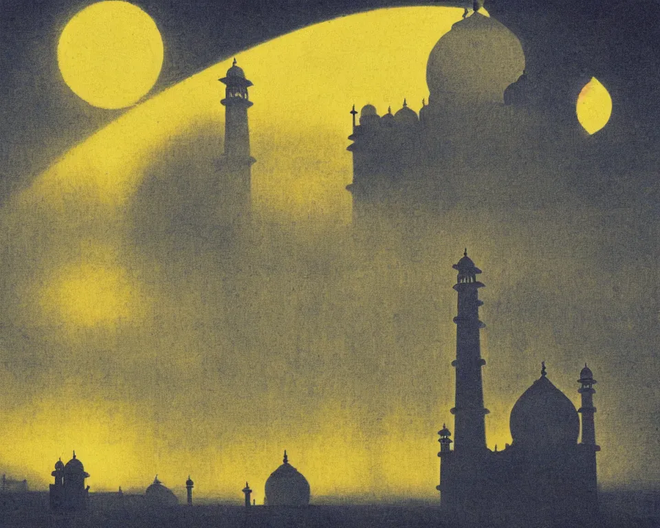 Image similar to achingly beautiful print of the Taj Mahal bathed in moonlight by Hasui Kawase and Lyonel Feininger.