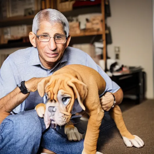 Image similar to 50mm photo, Anthony Fauci holding a boxer puppy