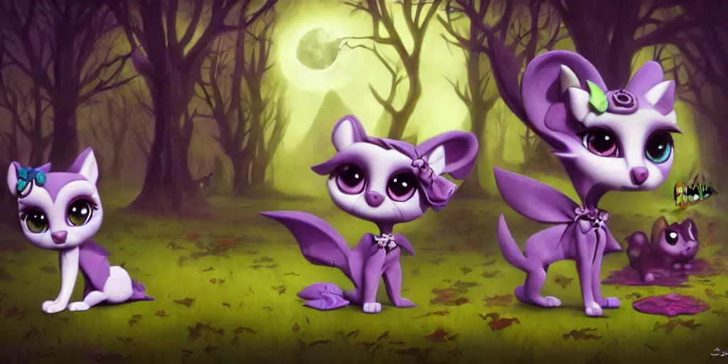 Prompt: 3 d littlest pet shop animal, wearing gothic accessories, gothic bows, gothic outfits, spooky, night, moon master painter and art style of noel coypel, art of emile eisman - semenowsky, art of edouard bisson