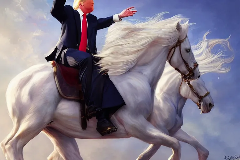 Image similar to donald trump on a majestic white horse, digital painting, artstation, concept art, smooth, sharp focus, illustration, in - frame, centered, art by artgerm and donato giancola and joseph christian leyendecker, ross tran, wlop