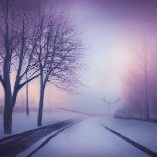 Prompt: mystic winter landscape, cyberpunk atmosphere, pastel colors