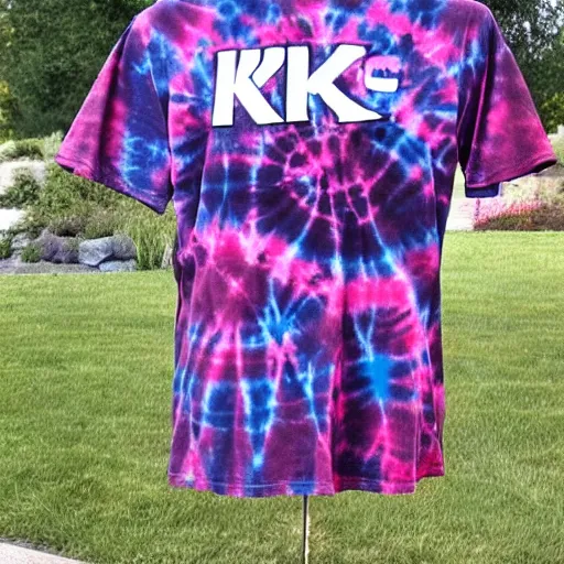 Prompt: tie-dyed shirt with the kirkland logo from costco