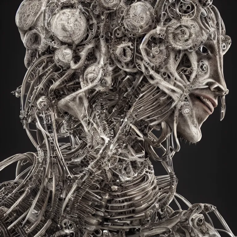 Image similar to surreal biomechanical spinal ribbed tribal organic face portrait of mechanical animal, beautiful detailed intricate insanely detailed 3D render digital art, octane render, 8K artistic photography, photorealistic