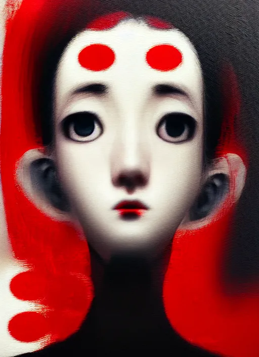 Image similar to red, white and black color palette, yoshitaka amano blurred and dreamy realistic three quarter angle portrait of a young woman with short hair and black eyes wearing office suit with tie, junji ito abstract patterns in the background, satoshi kon anime, noisy film grain effect, highly detailed, renaissance oil painting, weird portrait angle, blurred lost edges