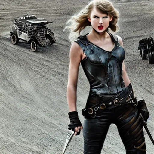 Prompt: promo photo of bald taylor swift staring as furioso in mad max remake