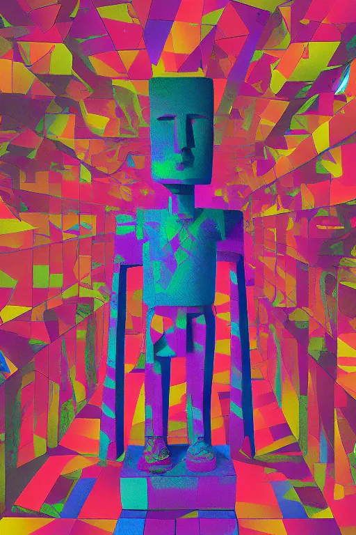 Image similar to cubist moai statue cutout digital illustration cartoon colorful beeple