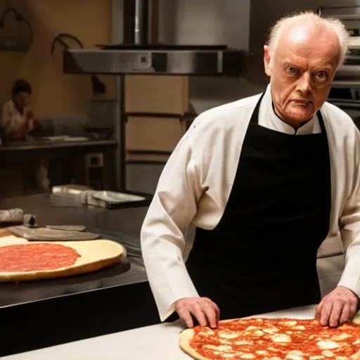 Prompt: A still of Ian McDiarmid as Emperor Palptine making a pizza, 4k, photograph, ultra realistic, highly detailed, professional lighting