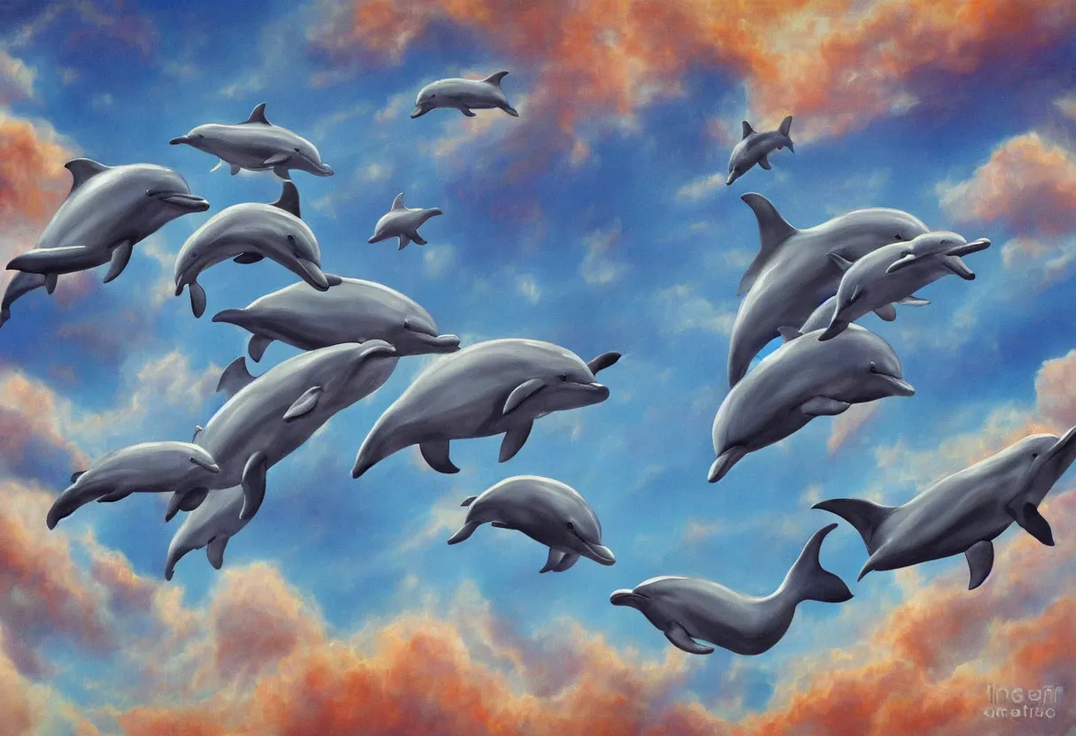 Image similar to family of dolphins flying through the clouds together science fiction painting