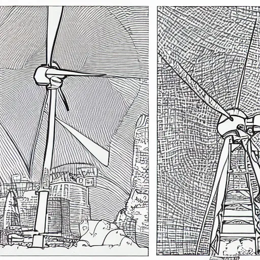 Image similar to Simplistic coloring book of a wind turbine blueprint, black ball pen on white paper, by Josan Gonzalez and Geof Darrow