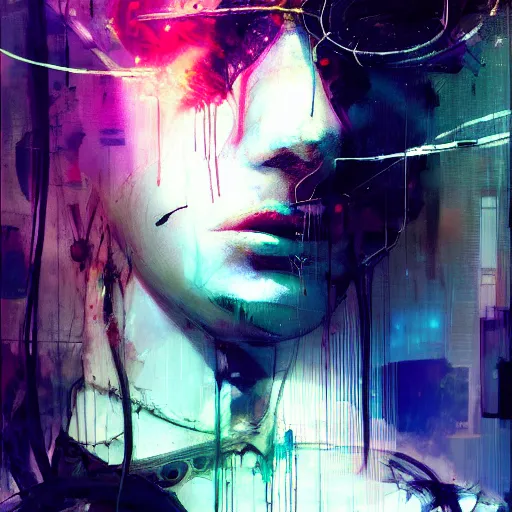 Image similar to beautiful young cyberpunk noir woman vr dreaming of a nightmare glitchcore world of wires, and machines, by jeremy mann, francis bacon and agnes cecile, and dave mckean ink drips, paint smears, digital glitches glitchart