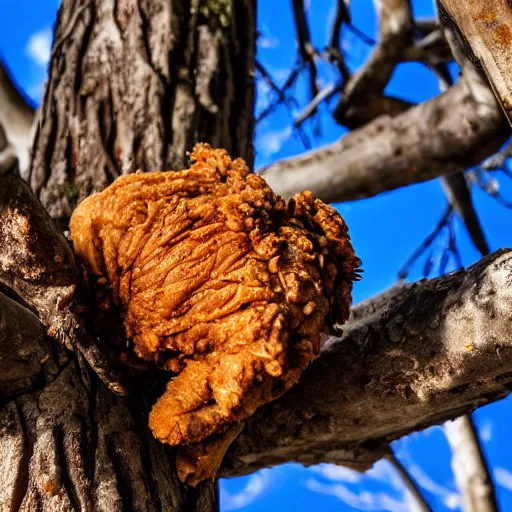 Prompt: Fried chicken nailed to a tree, high definition photography, professional