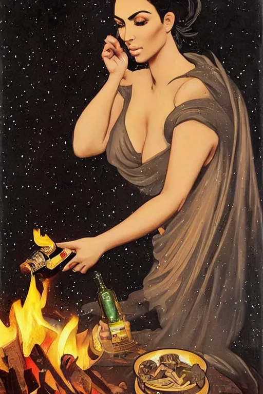 Image similar to a dramatic, epic, ethereal painting of a !!!gorgeous!!! kim kardashian sweating and oily offering a whiskey bottle | relaxing by a campfire | background is a late night with food and jugs of whisky | cute | stars, tarot card, art deco, art nouveau, mosaic, intricate | by Mark Maggiori (((and Alphonse Mucha))) | trending on artstation