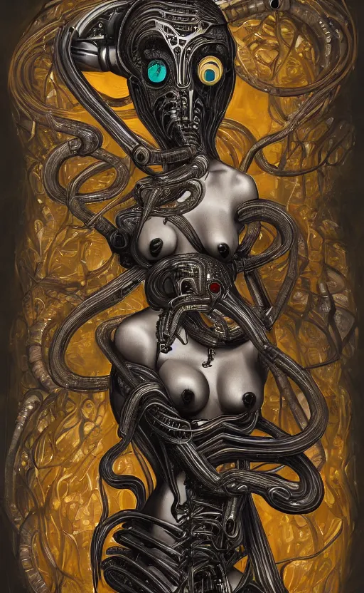 Image similar to beautiful painting of a snake-headed woman surrounded by mechanical flowers in the style of Welder Wings and H. R. Giger. Dark background, detailed, trending on Artstation