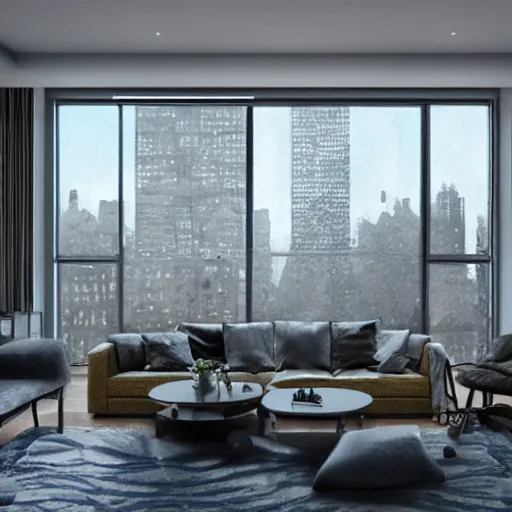 Image similar to modern loft overlooking central park in a blizzard, sketch over watercolor lines, artstation, pastels, octane, unreal engine, dynamic