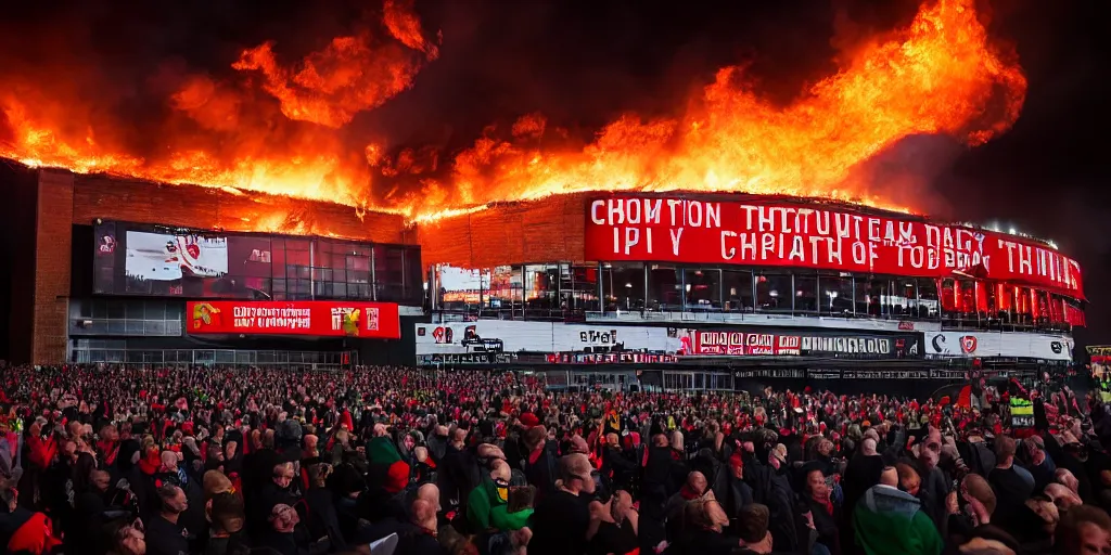 Prompt: old trafford theatre of dreams on fire during protest against the glazers, # glazersout, chaos, protest, banners, placards, burning, dark, ominous, pure evil, by stephen king, wide angle lens, 1 6 - 3 5 mm, symmetry, cinematic lighting