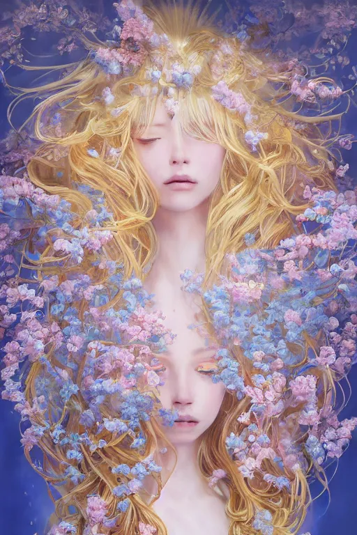 Image similar to breathtaking detailed soft painting of a full shot knight queen with long flowing blue hair, pastel flowers petals and golden ribbons flying, art by pilyeon and yuumei art, symmetrical facial features, at dawn in front of a pristine golden art nouveau cathedral, elegant, volumetric lighting, highly detailed, artstation, concept art, matte, sharp focus,