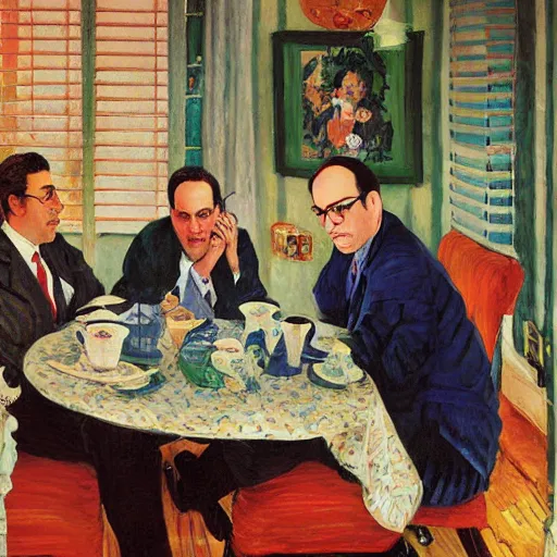 Prompt: seinfeld fancy tea party, george costanza, kramer, elaine, digital art, illustration, highly detailed, warm color scheme, soft lighting, sharp focus, gustave caillebotte, pyotr konchalovsky