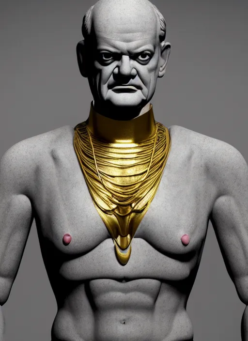Image similar to a statue made of white marble with gold veins, of kelsey grammer as frasier crane with fittonias, transhumanism, full body shot, perfect symmetrical body, perfect symmetrical face, hyper realistic, hyper detailed, by johannen voss, by peter kemp, by alex grey, octane render, blender, 8 k