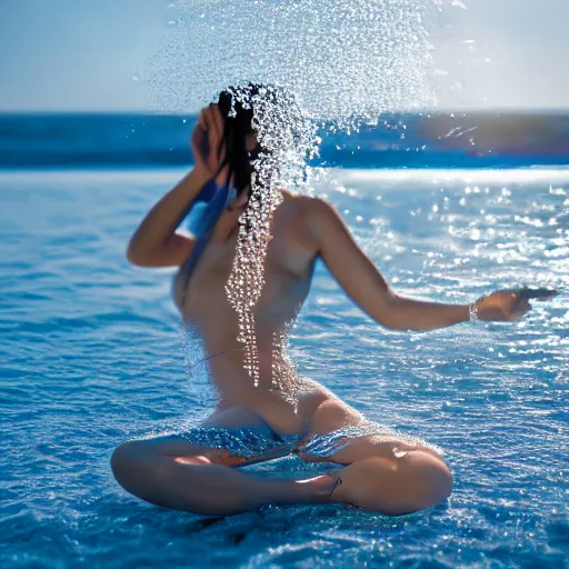 Prompt: water art in the shape of a womens body, on the ocean water, water art, water sculpture, futuristic, glowing, hyper realistic, ray tracing, realistic water splashes, sharp focus, long shot, 8 k resolution, cinematic