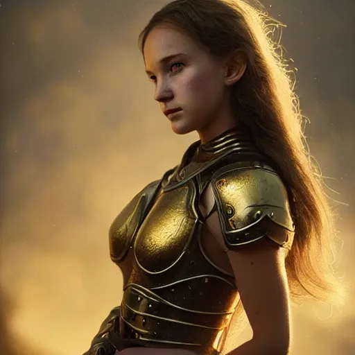 Image similar to attractive aesthetically pleasing young girl portrait, partially clothed in metal-plated battle armor, atmospheric lighting, painted, intricate, volumetric lighting, beautiful, golden hour, sharp focus, ultra detailed, by Leesha Hannigan, Ross Tran, Thierry Doizon, Kai Carpenter,Ignacio Fernández Ríos