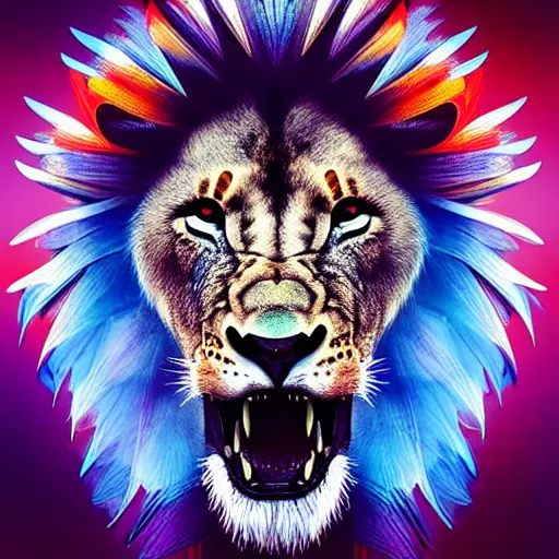 Image similar to “Futuristic lion flying with colorful feather by concept art, wisdom, powerfull, awarded, ultra detailed face, ancient symbols,epic, magical, ultimate, perfect visual, cinematic, sharp focus, centered, nature background, 8K HD Artstation, High quality image”