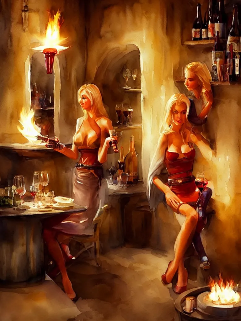 Image similar to blonde hot woman in wine cellar, boba fett, drinking beer, eating meat, cozy, inviting, atmospheric, torches on the wall, watercolor by vladimir volegov