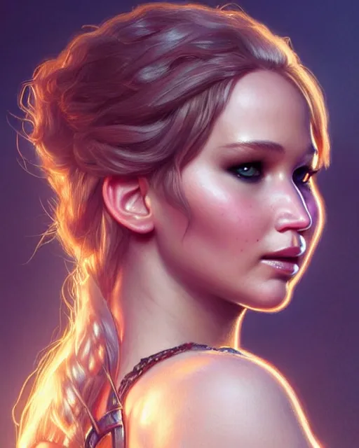 Image similar to Jennifer Lawrence, closeup, D&D, fantasy, intricate, elegant, highly detailed, digital painting, artstation, concept art, matte, sharp focus, illustration, hearthstone, art by Artgerm and Greg Rutkowski and Alphonse Mucha