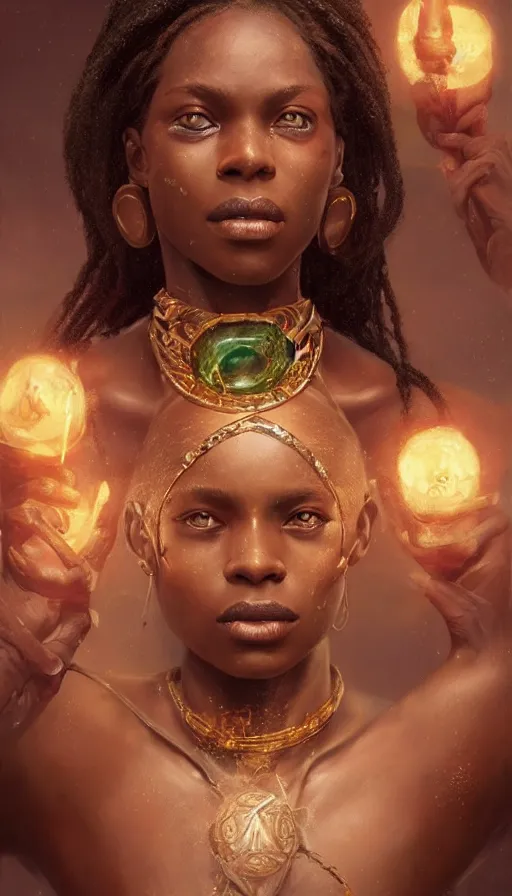Prompt: epic masterpiece portrait of a dark skin sorceress with a magic wand, african tribe, sweaty skin, hyperrealistic, octane render, cinematic, followed by heads with many faces, beautiful face and flawless skin, perfect hands, emeralds by Edgar Maxence and Ross Tran and Michael Whelan, Legends of Runeterra