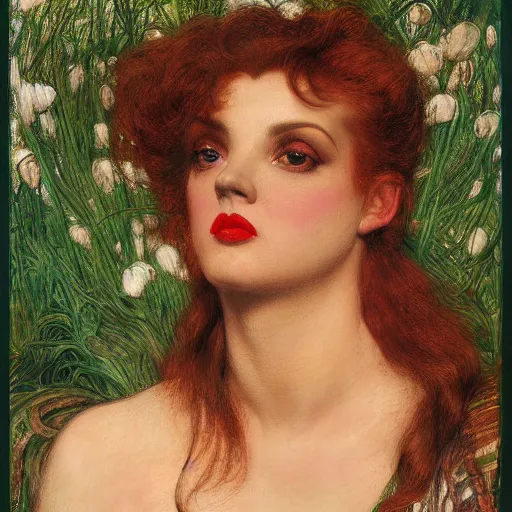 Image similar to portrait of a hybrid of a hybrid of judy garland and lady gaga and a hybrid of judy garland and christina ricci, with a brown fringe, holman hunt, john william waterhouse, kilian eng, rosetti, john everett millais, william holman hunt, 4 k