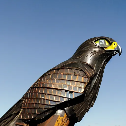 Image similar to A hawk model built from scrap metal, standing on asphalt, detailed close up photograph