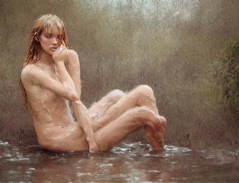 Image similar to peasant with wet hair taking a bath, cottage core, cinematic focus, polaroid photo bleached vintage pastel colors high - key lighting, soft lights, foggy, by steve hanks, by lisa yuskavage, by serov valentin, by tarkovsky, 8 k render, detailed, oil on canvas
