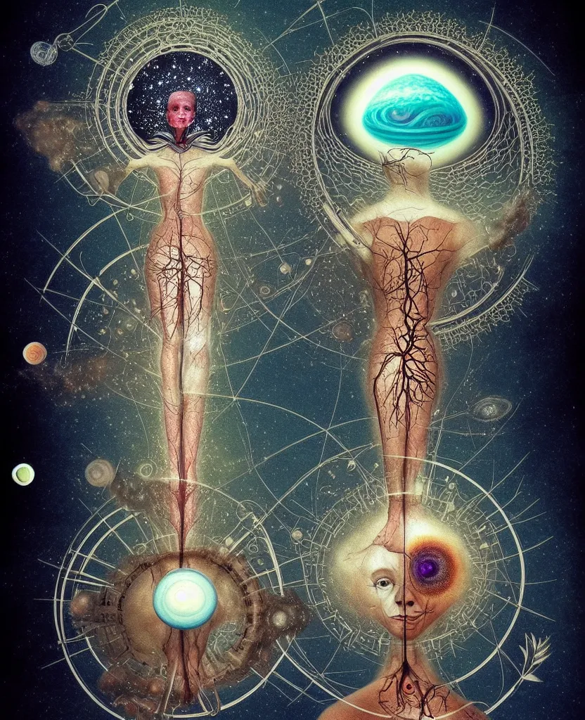 Image similar to inside the universe of a human body soul, whimsical uncanny creature alchemizes unique canto about'as above so below'being ignited by the spirit of haeckel and robert fludd, breakthrough is iminent, glory be to the magic within, to honor jupiter, surreal collage by ronny khalil