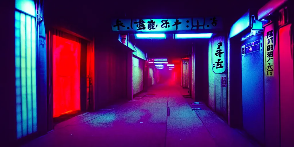 Image similar to hallway portal at the end of a tokyo alley, neon lights, dirty, ektachrome photograph, volumetric lighting, f 8 aperture, cinematic eastman 5 3 8 4 film