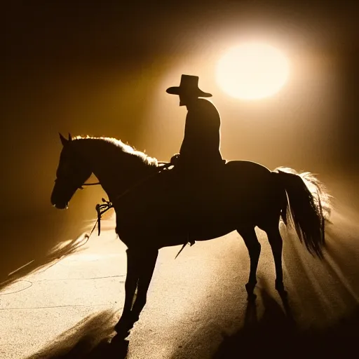 Prompt: the headless horseman entering a saloon, backlit, evening light, dramatic mood, low angle, sun rays