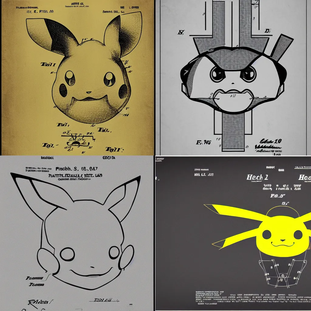 Prompt: US patent Technical Drawing schematics of a Realistic Pikachu head