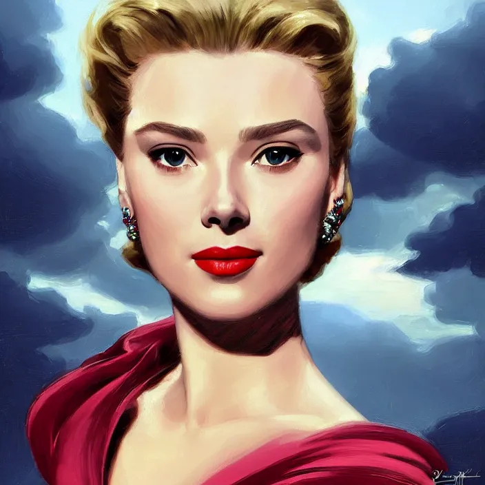 Image similar to A combination of Scarlett Johannson’s and Grace Kelly’s and Audrey Hepburn's appearance wearing Forerunner armor from Halo, countryside, calm, fantasy character portrait, dynamic pose, above view, sunny day, thunder clouds in the sky, artwork by Jeremy Lipkin and Giuseppe Dangelico Pino and Michael Garmash and Rob Rey and Greg Manchess, very coherent asymmetrical artwork, sharp edges, perfect face, simple form, 100mm