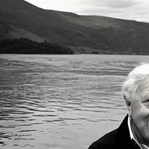 Prompt: Sir David Attenborough at a lake, looking at the Loch Ness Monster Nessie