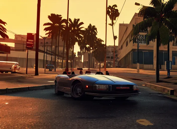 Image similar to still next - gen ps 5 game grand theft auto 6 2 0 2 4 remaster, graphics mods, rain, red sunset, people, rtx reflections, gta vi, miami, palms and miami buildings, photorealistic screenshot, unreal engine, 4 k, 5 0 mm bokeh, close - up 9 f cabrio!, gta vice city remastered, artstation