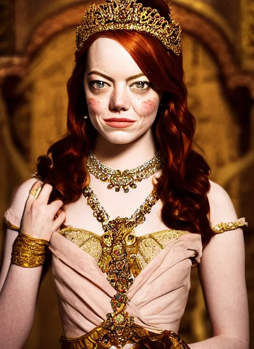 Image similar to portrait of emma stone as princess jasmine in persian palace, by charlotte grimm, natural light, detailed face, beautiful crossed hands,, canon eos c 3 0 0, ƒ 1. 8, 3 5 mm, 8 k, medium - format print, half body shot