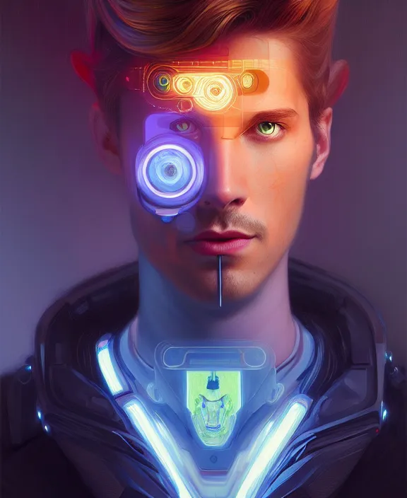 Image similar to a whirlwind inside the metaverse, guy, male, man, hologram, half body, neurochip, android, cyborg, cyberpunk face, by loish, d & d, fantasy, intricate, elegant, highly detailed, colorful, digital painting, artstation, concept art, art by artgerm and greg rutkowski and alphonse mucha