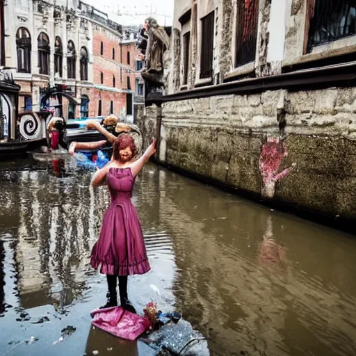 Prompt: girl in victorian wear lied in canal full of water surrounded of trash and bodies dark artistic