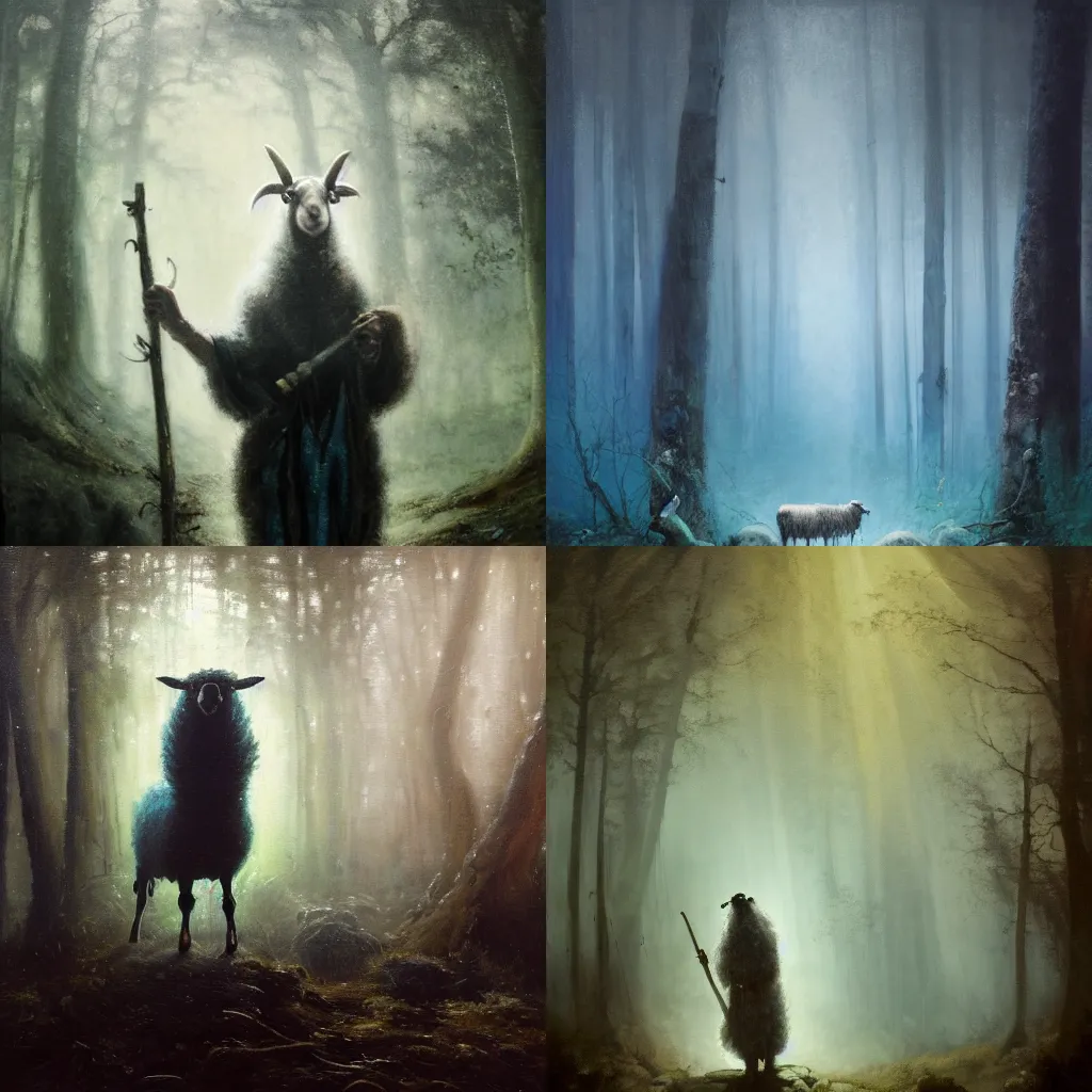 Prompt: A dark oil painting of a sheep who is a sorcerer in ornamental magical robes, holding an elaborate magical staff, standing in a forest with a feint turquoise light coming from the distance, by Jean Baptiste Monge, Greg Rutkowski, Allen Williams, trending on Artstation, 4k, unreal engine, very dramatic lighting, high contrast, painterly, rim lighting