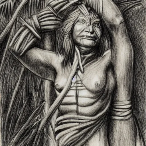 Image similar to mummy touches head of warrior, in jungle, pencil drawing