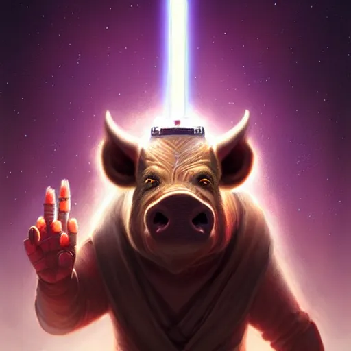 Prompt: cute anthropomorphic boar full as an jedi in a spaceship, body portrait, divine lightning, by greg rutkowski, by charlie bowater