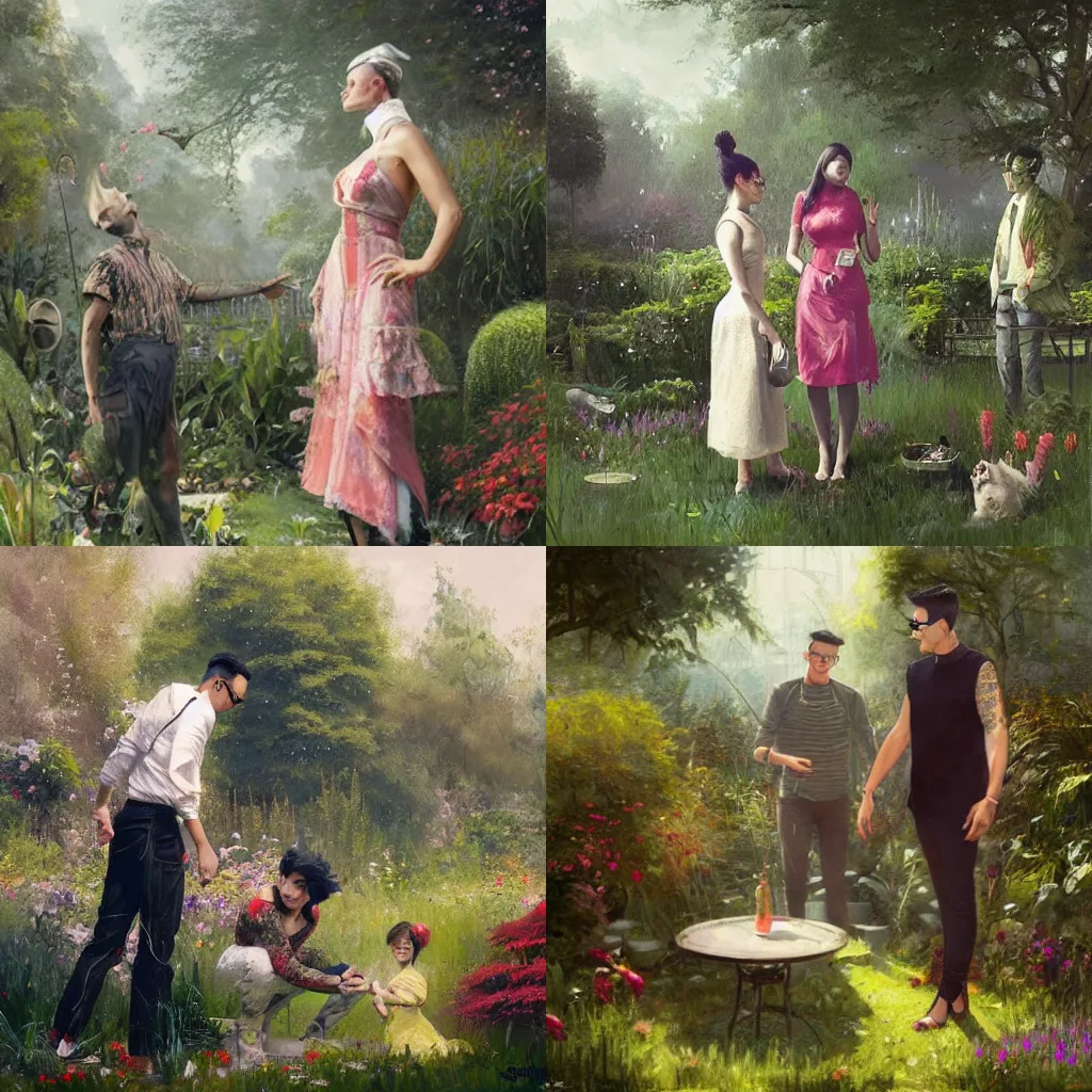 Prompt: an alsatian dj and gok wan in a garden, artwork by greg rutkowski