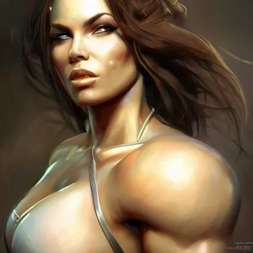 Image similar to portrait of a beautiful female bodybuilder lara croft with plump lips, elegant, fantasy, hd shot, digital portrait, beautiful, artstation, comic style, by artgerm, guy denning, jakub rozalski, magali villeneuve and charlie bowater