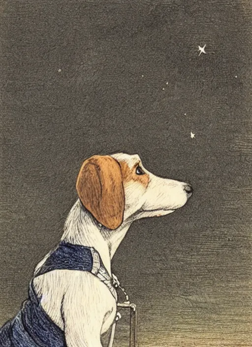 Image similar to candid portrait of jack russel dog looking up, from behind, night sky, highly detailed, side view, illustrated by peggy fortnum and beatrix potter and sir john tenniel